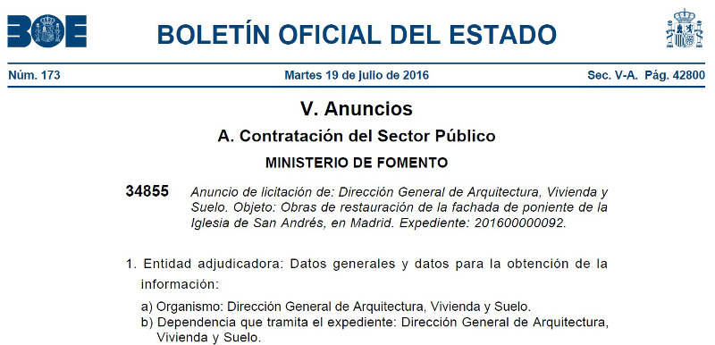 BOE licitacion obras restauracion igleisa san andres Madrid 2016