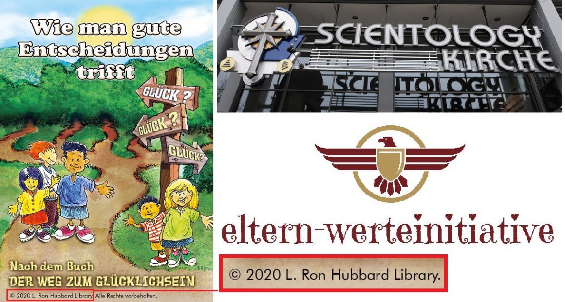 Composición de imágenes con los carteles de la campaña denunciada y la fachada de la Iglesia de la Cienciología en Alemania