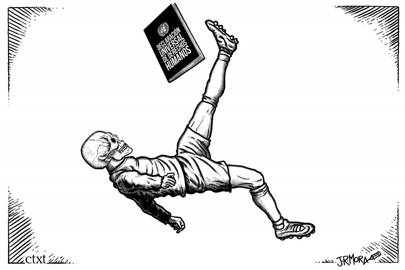 viñeta de un cadáver futbolista pateando la declaración universal de derechos humanos
