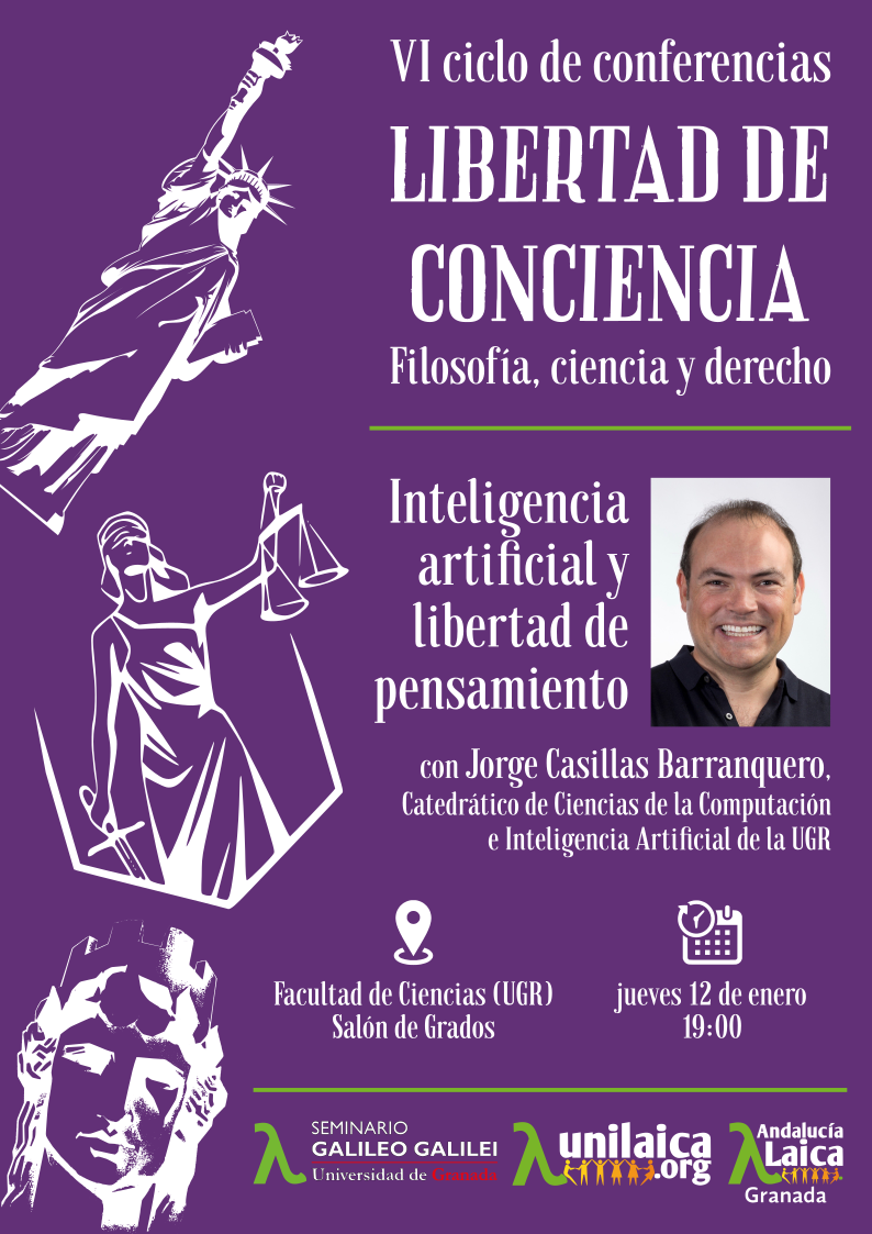 Cartel de la conferencia "Inteligencia artificial y libertad de conciencia" por Jorge Casillas en el Seminario Galileo Galilei