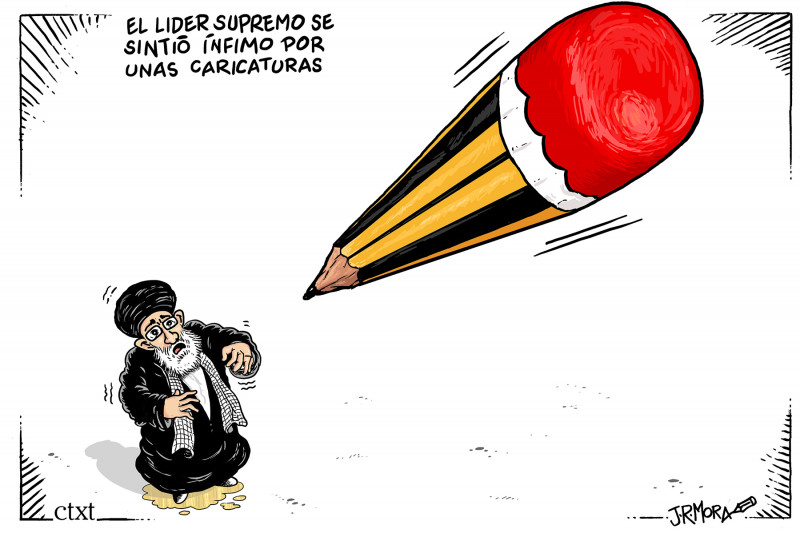 Viñeta de un lápiz cayendo en picado como si fuese un misíl apuntando hacia un ayatolá que mira cómo se le acerca, quien observándolo tembloroso se ha orinado de miedo.