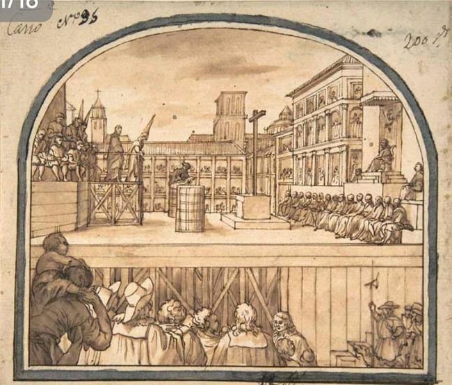 Este dibujo describe un auto de fe en la Plaza de Bib Rambla de Granada, en 1653 o 1672. Se conserva en el Metropolitan Museum de Nueva York.