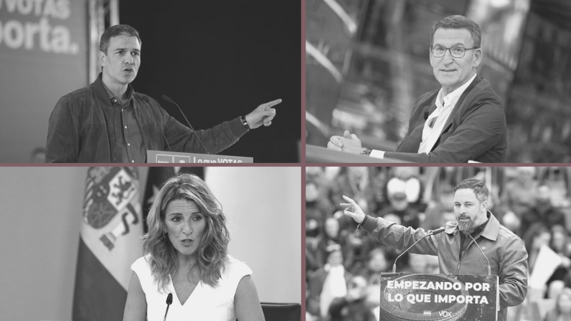 Pedro Sánchez (PSOE), Alberto Núñez Feijóo (PP), Yolanda Díaz (Sumar) y Santiago Abascal (Vox).