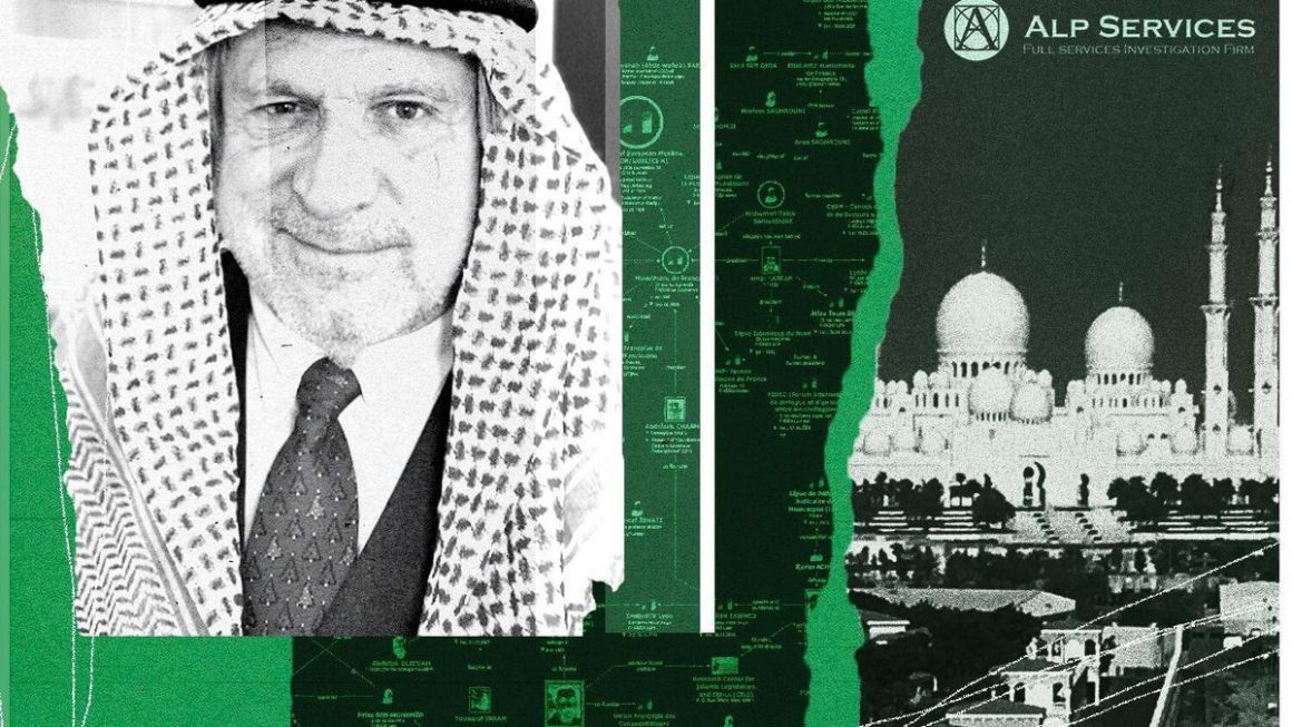 El dueño de Alp Services, Mario Brero, fotografiado en uno de sus viajes a Emiratos, junto con alguno de los mapas de relaciones que elaboró para los servicios de inteligencia de ese país. Justine Vernier / Mediapart