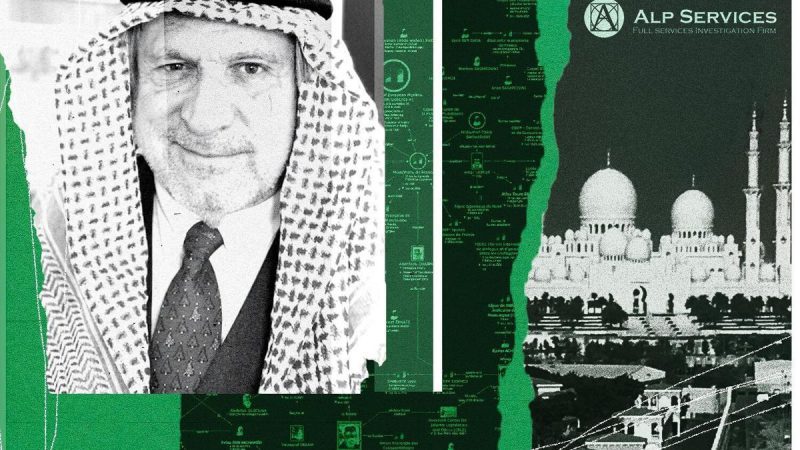 El dueño de Alp Services, Mario Brero, fotografiado en uno de sus viajes a Emiratos, junto con alguno de los mapas de relaciones que elaboró para los servicios de inteligencia de ese país. Justine Vernier / Mediapart