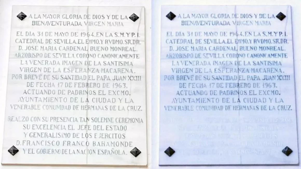 El antes y el después de la placa ubicada en el exterior de la basílica.