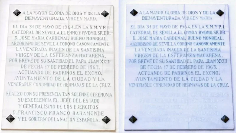 El antes y el después de la placa ubicada en el exterior de la basílica.