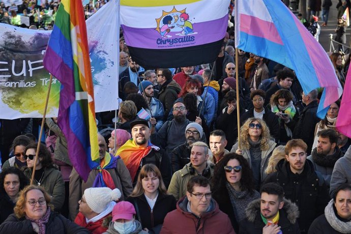 Archivo - Decenas de personas durante una manifestación en defensa de la Ley LGTBI y la Ley Trans de la Comunidad de Madrid, a 17 de diciembre de 2023, en Madrid (España). - Fernando Sánchez - Europa Press - Archivo