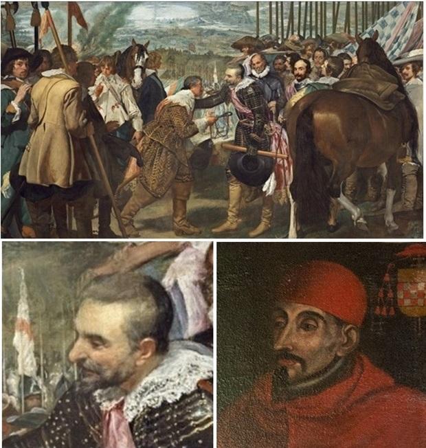 Cuadro 'La rendición de Breda'. Debajo, ampliación de perfil de Ambrosio Spínola y retrato de su hijo Agustín cuando era arzobispo de Sevilla. MUSEO DEL PRADO
