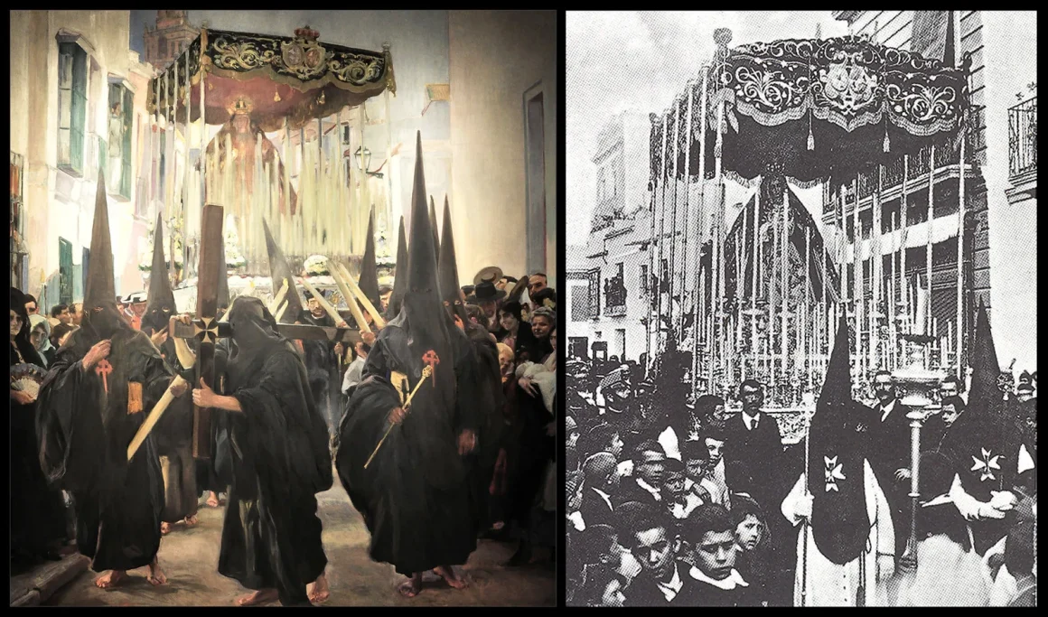 Sevilla. Los nazarenos, óleo sobre lienzo de Joaquín Sorolla, 1914. Hispanic Society of America. Fotografía anónima con el paso de Ntra. Sra. del Rosario de la Cofradía de Montesión de Sevilla (http://sssevillablancoynegro.blogspot.com/search/label/Joaqu%c3%adn%20Sorolla)