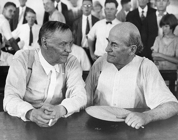 Photo taken of Clarence Darrow (left) and William Jennings Bryan (right) during the Scopes Trial in 1925.