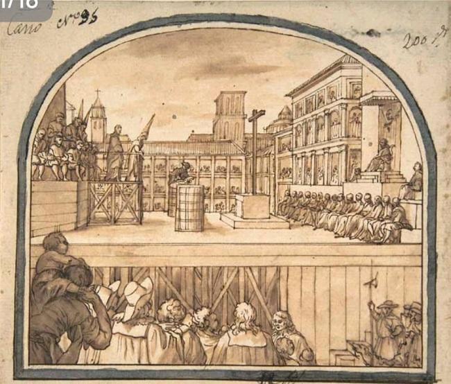 El dibujo representa un Auto de Fe, celebrado en la Plaza de Bib-Rambla (1672), con el estrado, la cruz y el sentenciado a morir quemado en la hoguera de la Inquisición. Un acto terrible en su escarmiento, convertido en espectáculo. Publicado en el artículo "La plaza mayor de Granada..." por Manuel Barrios Rozúa, investigador UGR