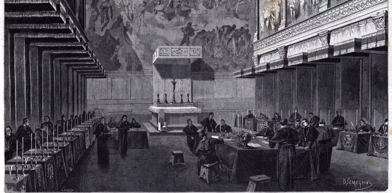 Xilografía de la sala del escrutinio en la Capilla Sixtina durante el cónclave de 1878. Semeghini Defendi/Wikimedia Commons