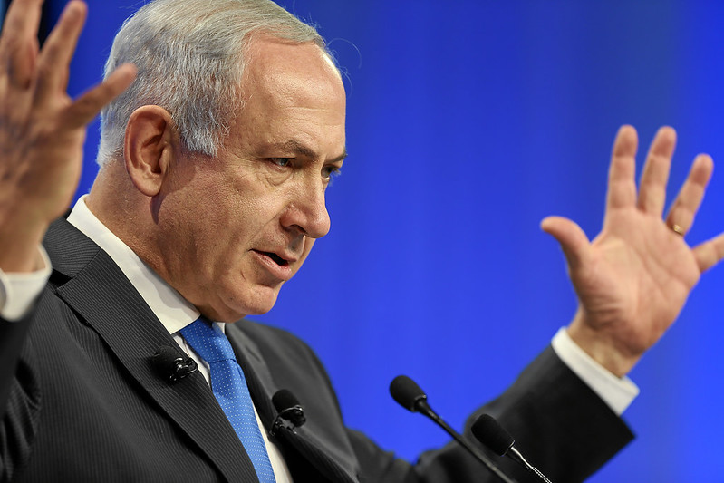 Benjamin Netanyahu, Prime Minister of Israel addresses the audience during the plenary session 'Israel's Economic and Political Outlook' at the Annual Meeting 2014 of the World Economic Forum at the Congress Centre in Davos, January 23, 2014.
