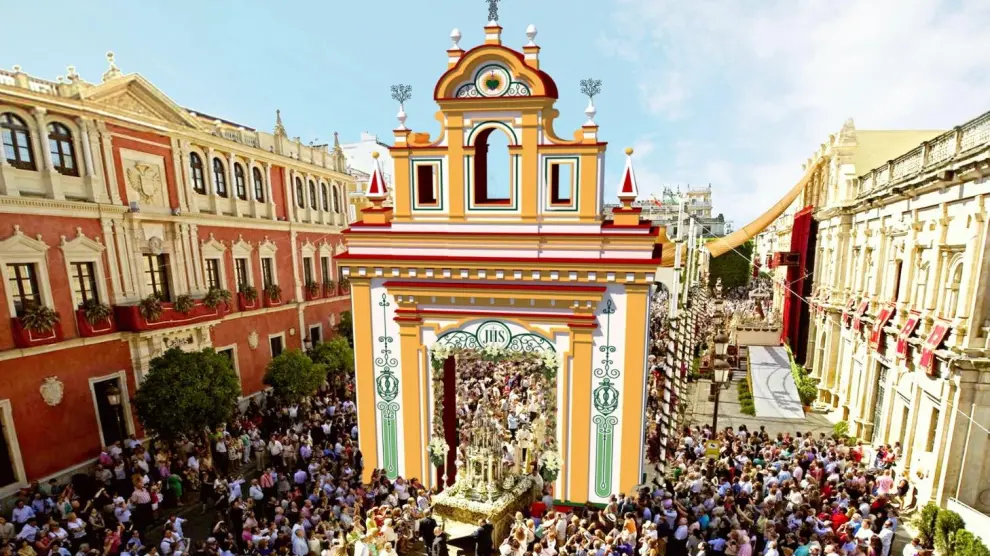 Recreación de una de las portadas del Corpus de 2025. Ayuntamiento de Sevilla