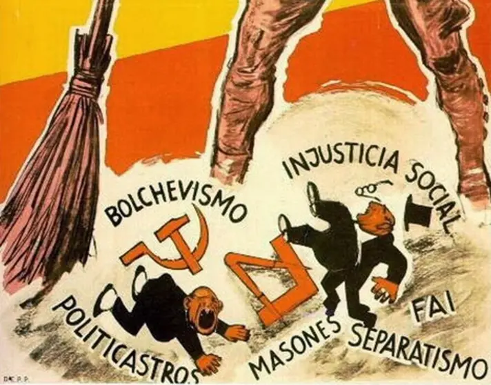 Barrer España, póster propagandístico del bando sublevado durante la Guerra Civil Española (1936-1939), que incita a la represión contra comunistas, anarquistas, masones y separatistas para «limpiar» el país. (Wikipedia)