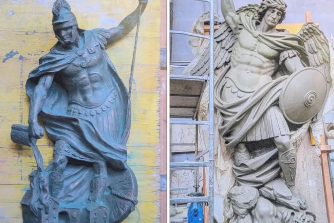 Estatuas de San Miguel y San Florián. | Crédito: Fotos cortesía / Oficina del Alcalde Thomas Koch.