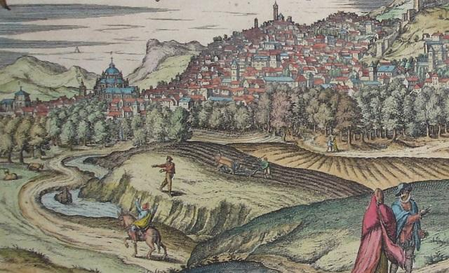 CIVITATIS URBIS TERRARUM
Granada hacia 1570, donde se ve una yunta arando al lado del Genil y un hombre sembrando. Media fanega de su grano iba a parar a Compostela.